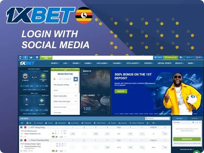 Login Registration form 1xBet Social Media